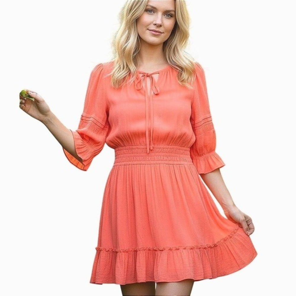 Ramy Brook Coral Orange Smocked Waist Silk Blend Ruffle Mini Dress Tie Neck
